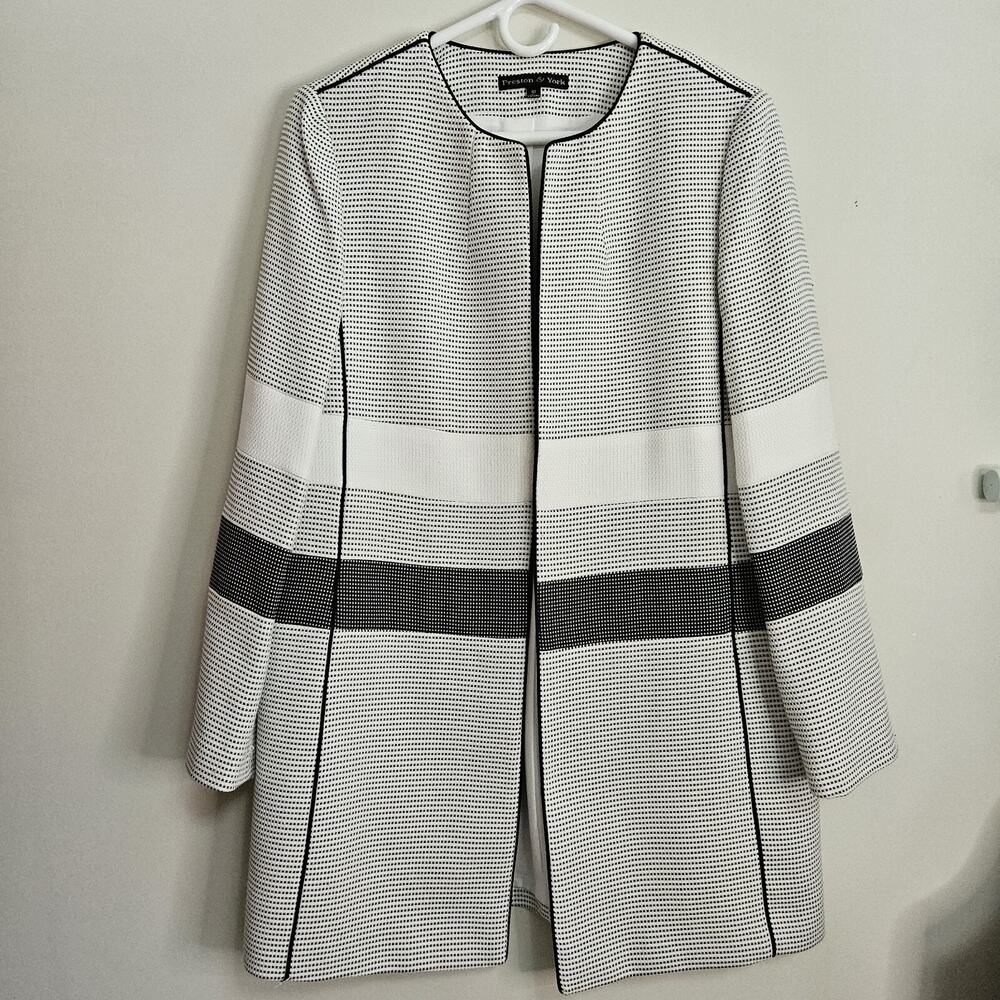 PRESTON & YORK Womens Sz 10 White Black Open Jacket Blazer Lined Lg Slv Dot Patt
